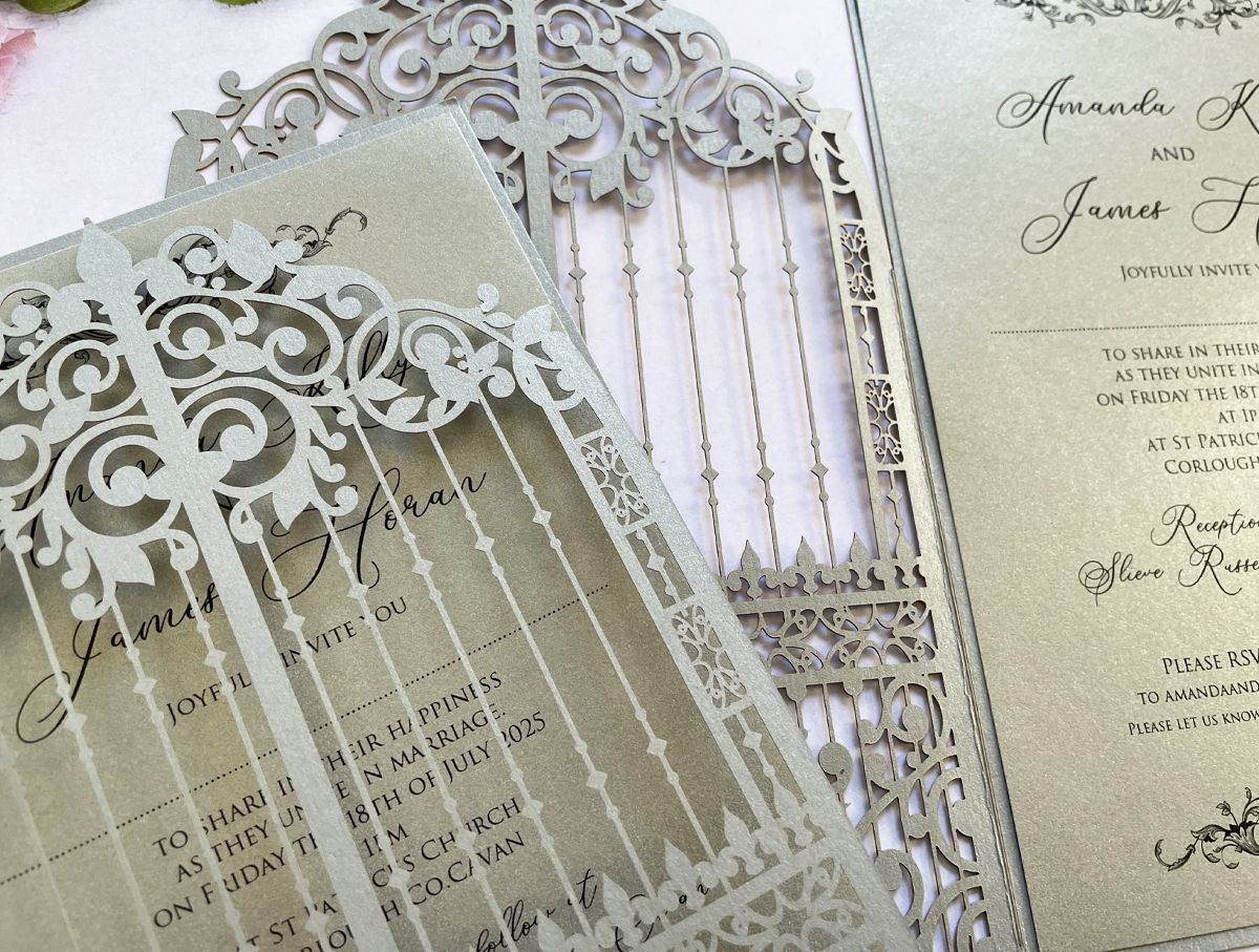 silver ornamental gate wedding invitation